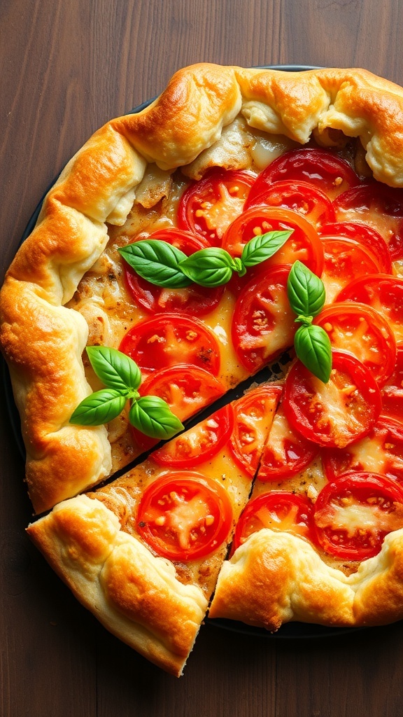 Savory Tomato Pie Recipe A savory tomato pie with a golden crust, filled with ripe tomato slices and melted cheese, garnished with basil.